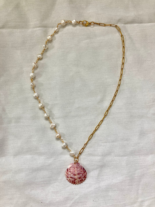 Half Pearl Calico Shell Necklace